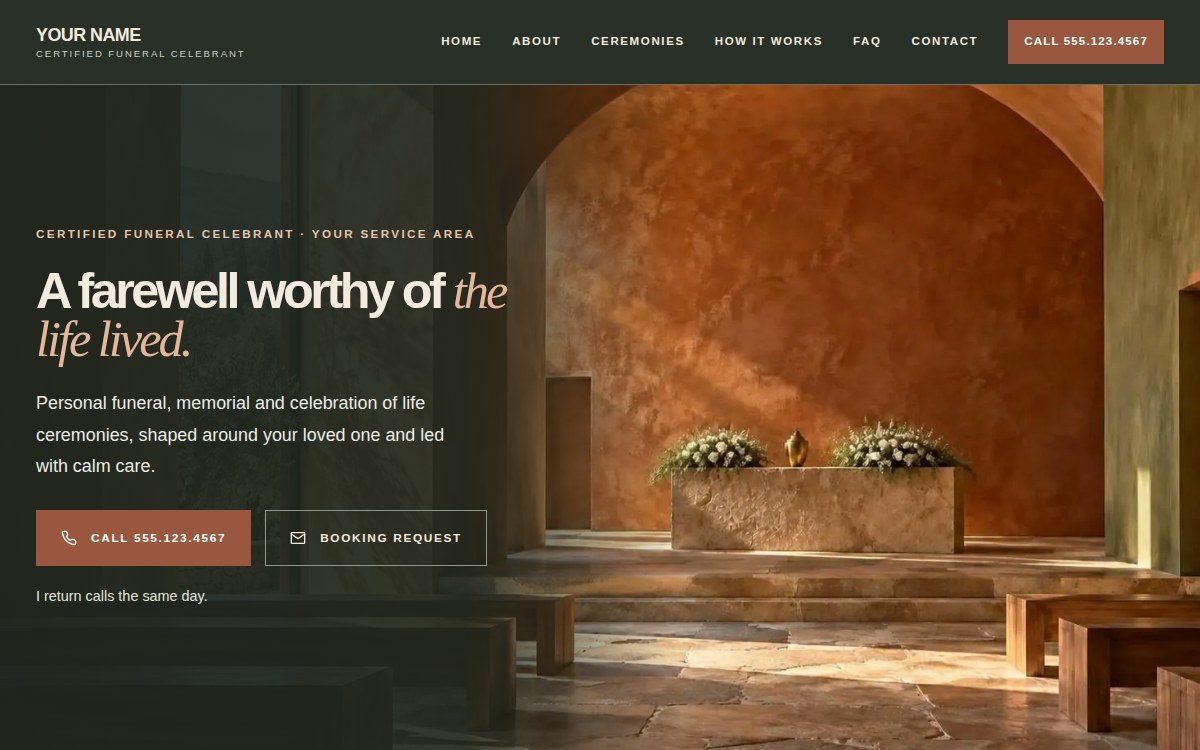 The Gathering homepage: a bold headline set over a full-width photograph of a sunlit terracotta chapel.