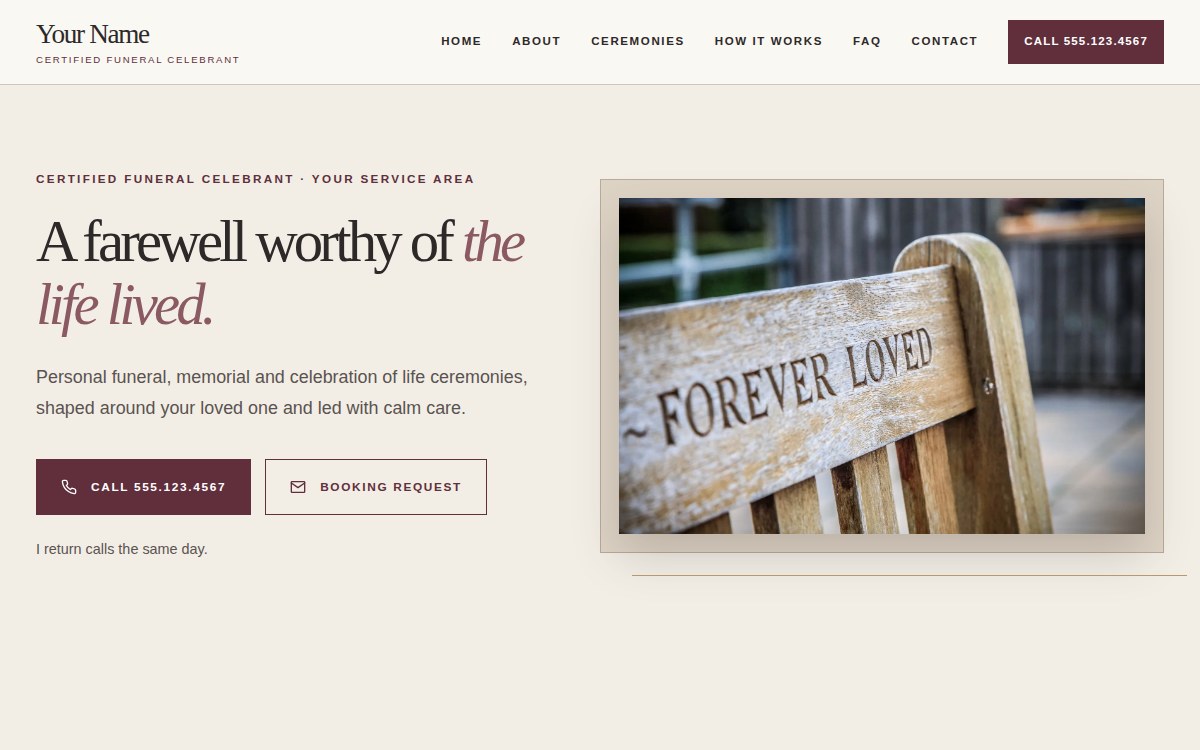 The Heirloom homepage: warm cream and deep plum, with a framed photograph of a bench carved Forever Loved.