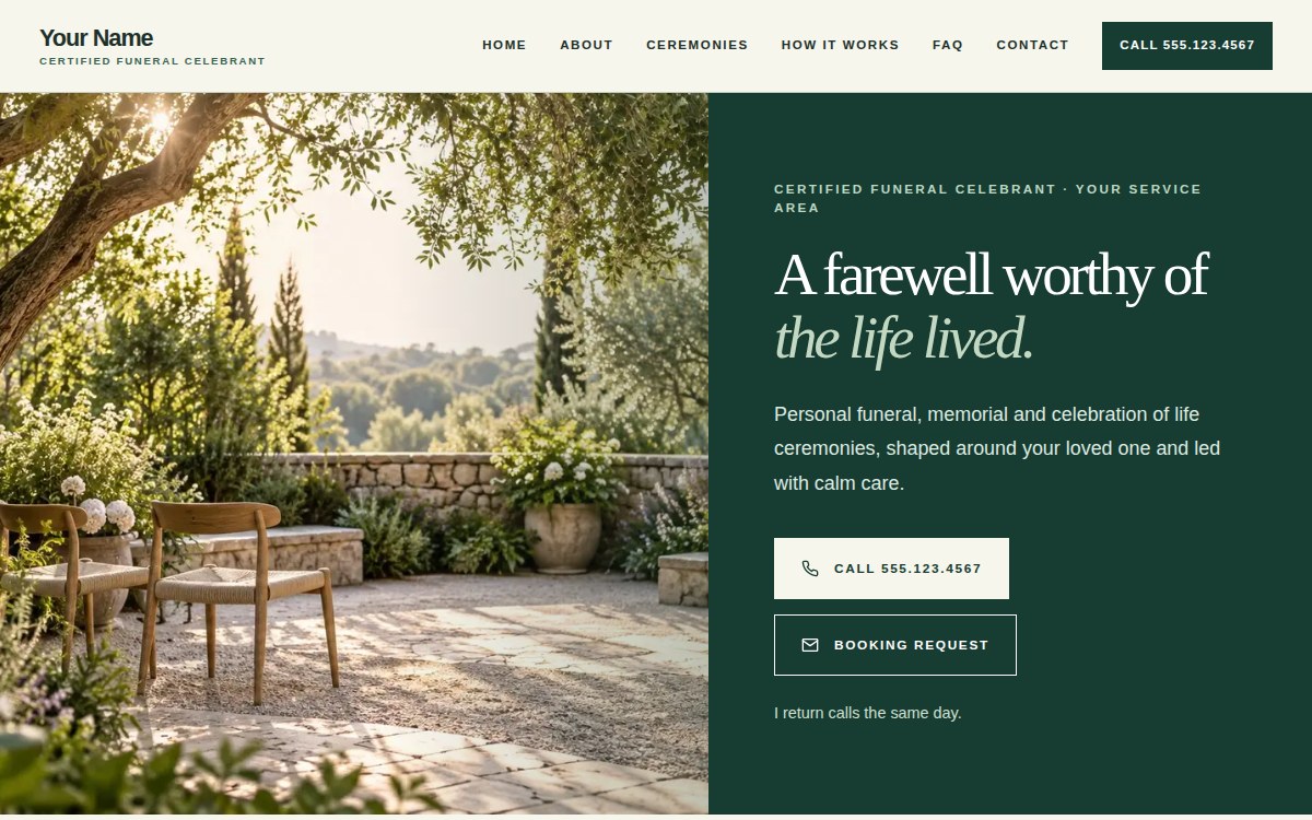 The Kindred homepage: a sunlit garden terrace with two chairs, beside a deep green panel carrying the headline.