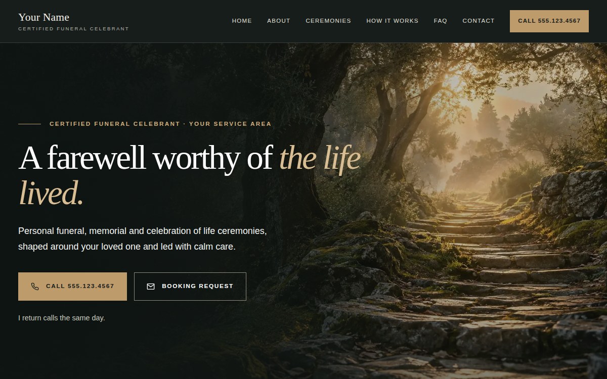 The Passage homepage: a sunlit stone path through an olive grove, with the headline A farewell worthy of the life lived.