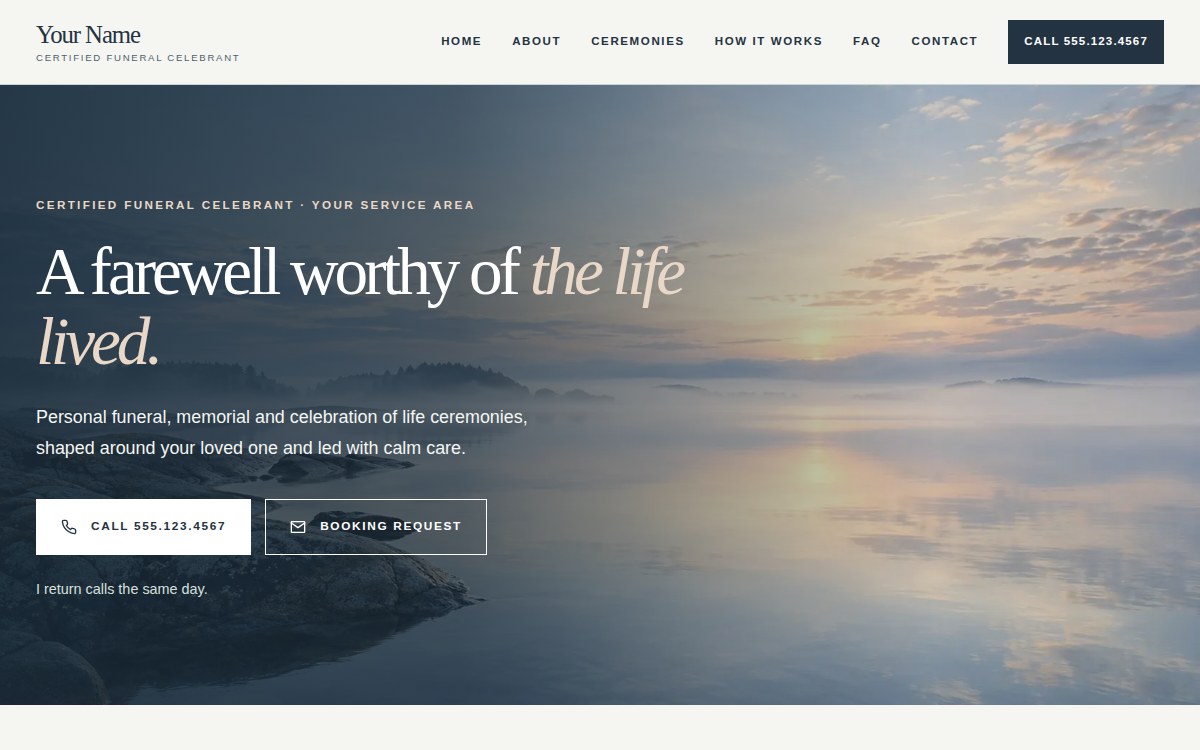 The Stillwater homepage: a still lake at dawn beneath a pale header, with the headline A farewell worthy of the life lived.